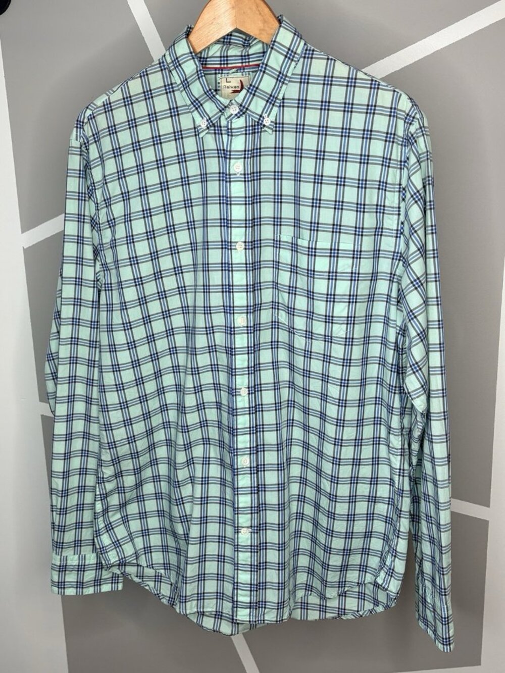 Relwen Light Cotton Check Button Down Shirt Men’s L Teal Green Blue Long Sleeve